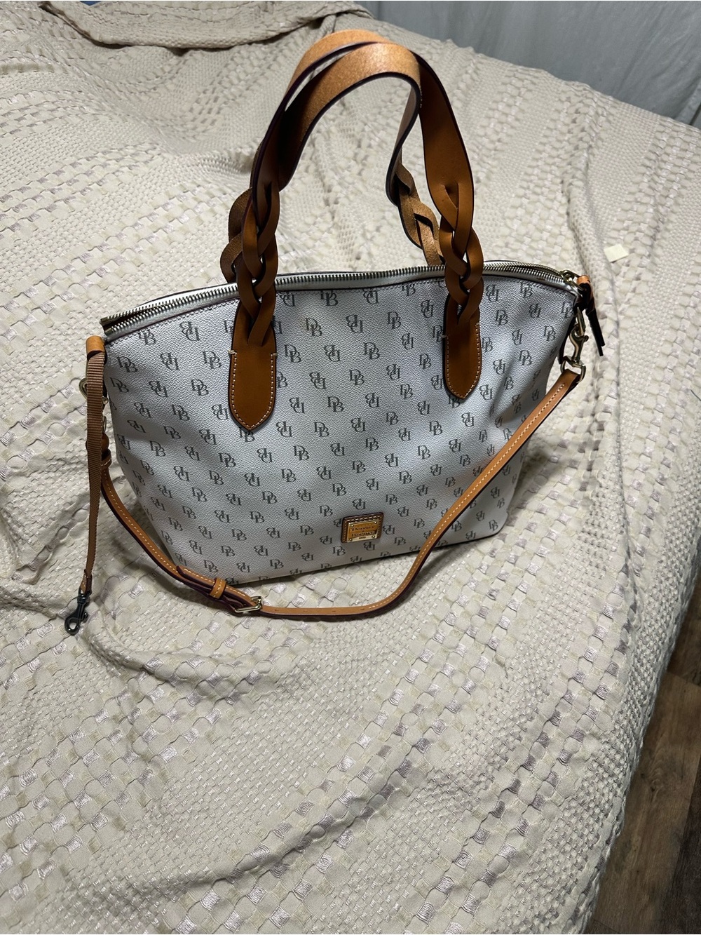 Dooney & Bourke White Logo Tote with Tan Braided Handles